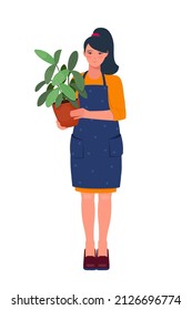 Young woman in an apron holding a potted houseplant in her hands. Vector illustration on white background 