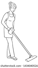 Young woman in an apron holds a cordless vacuum cleaner. Housewife or is doing the hoovering. Vector outline illustration of a cleaner on a white background