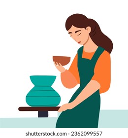 Young woman in apron making ceramic jar. Vector illustration.