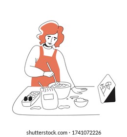 Young woman in an apron preparing a home cooked meal. The cooking process is based on a video tutorial. A person learns to cook. Vector illustration in Doodle style on an isolated white background.