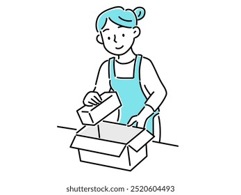 A young woman in an apron putting luggage into a cardboard box