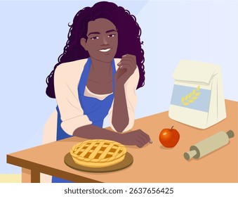 Young woman in apron smiling beside a freshly baked apple pie, with flour bag, apple, and rolling pin on wooden table, in flat design on light background. Vector illustration