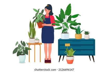 Young woman in an apron standing in home garden and holding a potted houseplant in her hands. Vector illustration