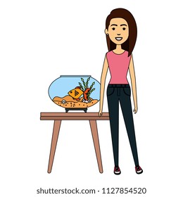 young woman with aquarium fish