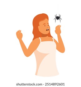 Mujer joven con aracnofobia sintiéndose disgustada y aterrorizada por una araña