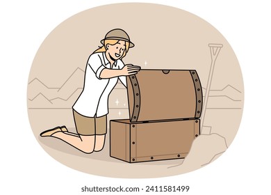 Young woman archaeologist open chest with treasures on archeological site. Smiling female paleologist discover artifacts in desert. Vector illustration.