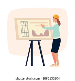 young woman architect in helmet standing with project blueprint vector illustration