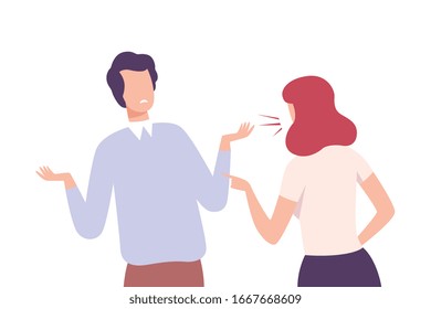 Young Woman Arguing and Shouting at Man, Conflict Between Two People Flat Vector Illustration