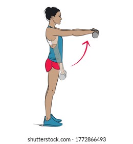 Young Woman Arm Exercise - Double Front Arm Raise With Dumbbell Weights - Colour Vector Series