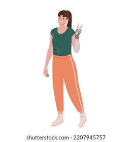 Young woman with arm prosthes. person without arm. Limb amputation. Flat vector illustration.