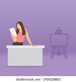 Young woman in art studio with book on purple background. Cheerful woman in white t-shirt holding magazine near fashion sketches on table