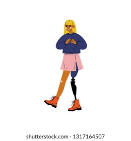 Young Woman with Artificial Leg, Self Acceptance, Beauty Diversity, Body Positive Vector Illustration