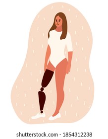 Young woman with artificial leg stands smiling. Cartoon vector illustration of disabled female with leg prosthesis. Inclusion concept. 
