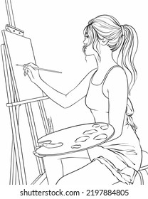 Young woman artist at easel painting. Vector line art illustration for adult coloring book page.