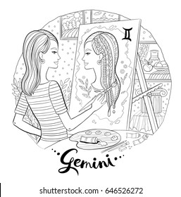 Young woman artist at easel painting self portrait. Vector line art illustration for adult coloring book page.