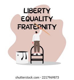 A young woman artist paints with a huge brush on the wall with paint the words freedom equality brotherhood. vector illustration