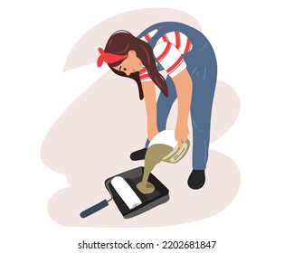 Young woman artist at work, pouring olive color paint, painting the wall with a molar roller. House interior renovation. Vector illustration