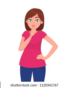 Young woman asking silence. Silence please! Keep quiet. Shh! Vector illustration in cartoon style. 