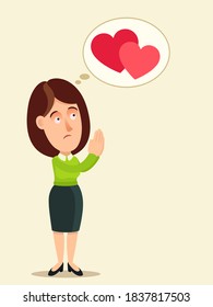 A young woman asks God for help in love, to find a lover, to marry. A woman is looking for love and happiness. Vector illustration, flat design, cartoon style, isolated background.