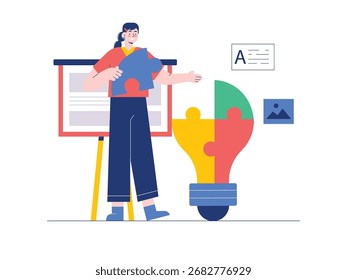 Jovem mulher montando um quebra-cabeça de lâmpada, ideia conceito inspiração. Personagem de design. Ilustração em plano vetorial