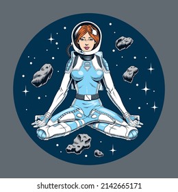 Young woman astronaut meditating in the lotus pose. Asteroids and stars on the background. Space yoga vector illustration.