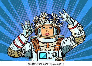 young woman astronaut in a wreath. Pop art retro vector illustration kitsch vintage