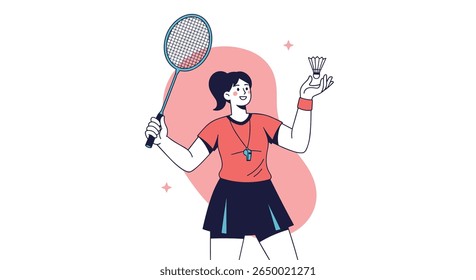 Young woman athlete enthusiastically holding badminton racket and shuttlecock ready to play a match