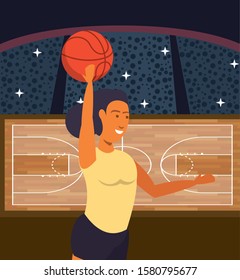 young woman athlete playing basketball with balloon vector illustration design