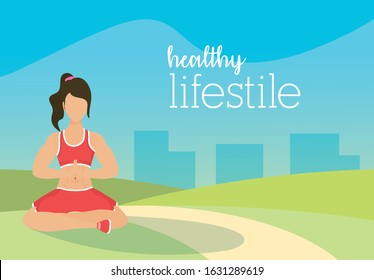 young woman athlete practcing yoga in the camp vector illustration design