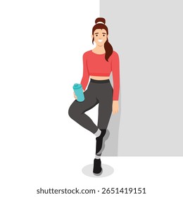 Young woman in athletic wear leans casually against a wall, smiling with a water bottle in hand. Flat vector illustration isolated on white background