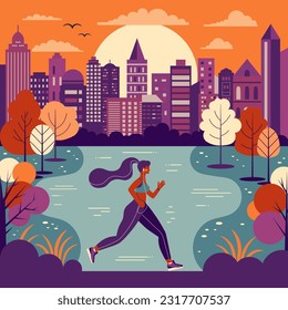 Young woman with audio player listening music at park running by pond at downtown. Active girl wearing sport bra and shorts jogging at city public park by sunset. Healthy lifestyle concept.