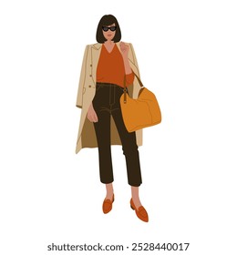 Mujer joven en ropa de otoño. Chica con abrigo, pantalones, zapatos con bolso y gafas de sol. Elegante atuendo para el Clima frío. Ilustración vectorial dibujada a mano aislada sobre fondo blanco, estilo plano.