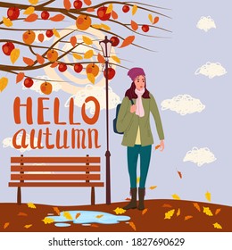 Young woman in the autumn park city, trendy clothes street fashionable style outwear female, fall mood. Lettering Hello Autumn. Trendy vector style isolated