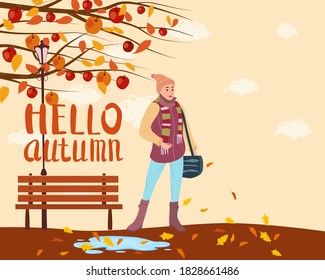 Young woman in the autumn park city, trendy clothes street fashionable style outwear female, fall mood. Lettering Hello Autumn. Trendy vector style isolated