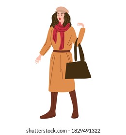 Young woman in autumn trendy clothes street fashionable style outwear female. Trendy vector style isolated