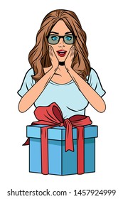 young woman avatar with glasses and gift box profile picture cartoon character portrait vector illustration graphic design