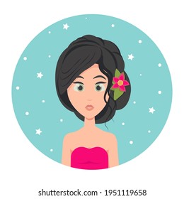 Young woman avatar with long hair folded in an elegant evening hairstyle and big green eyes, flower in her hair, vector illustration in flat style.