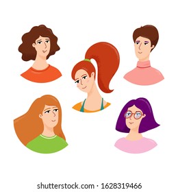 Young woman avatar, portrait set, vector illustration isolated on white background. Set of female head and shoulders avatars, portraits, young women with different hair styles, flat cartoon style