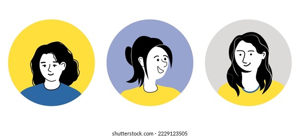 Young woman avatar portrait set. Cartoon face, facial expressions in comic cartoon style. Highlights for stories. Vector illustration isolated on white background.
