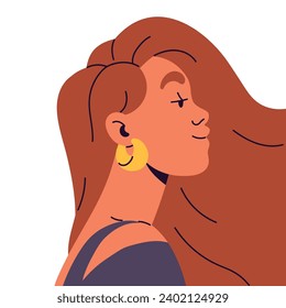 Young woman avatar side view. Stylish girl with happy emotions on face portrait. Calm user profile, female head with round earrings, jewellery. Flat isolated vector illustration on white background