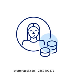 Young woman avatar and stacks of coins. Individual finances management, account balance and user earnings. Pixel perfect vector icon