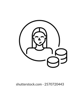 Young woman avatar and stacks of coins. Individual finances management, account balance and user earnings. Pixel perfect, editable stroke icon