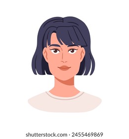 Young woman avatar, stylish bob cut with bangs. Female character, head portrait, modern hairstyle. Friendly face with neutral expression. Flat vector illustration isolated on white background