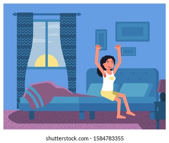 Young woman awaking stretches and yawns. Girl sitting on bed. Bedroom interior. Good morning time. Everyday routine, awakening. Female cartoon character at home. Vector flat illustration