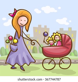  young woman with a baby carriage in the city, cartoon vector illustration drawn in children style