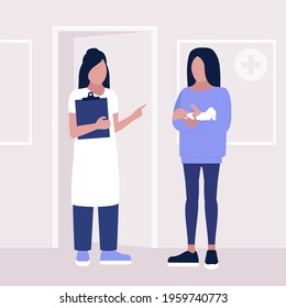 Young woman with baby at the doctor's appointment. Colorful flat vector illustration.