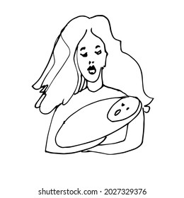 A young woman with a baby in her arms. Mother and child. A hand-drawn sketch. Vector doodle illustration