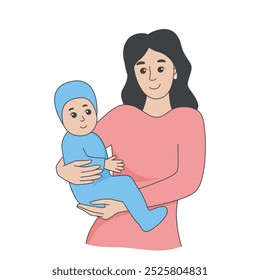 Young woman with baby in her arms clip art illustration. Female image of parent. Motherhood. Mom with son in her arms, vector graphics