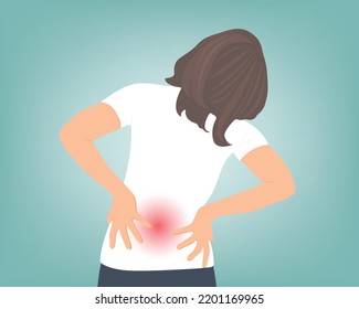 Young woman with back pain, musculoskeletal health problems. Vector illustration.