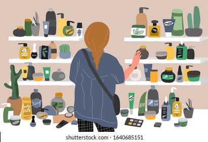 Young woman back view choosing natural cosmetics and eco products in store. Female shop assistant, cosmetic, skincare, makeup and beauty products buyer character. Cartoon vector illustration